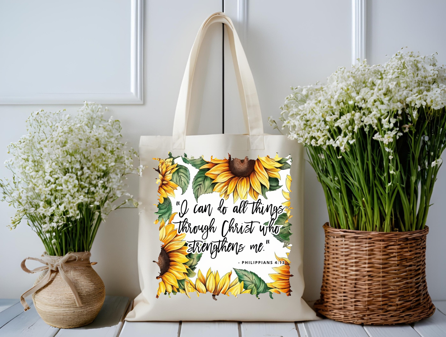 Strength in Sunflowers Scripture Tote Bag