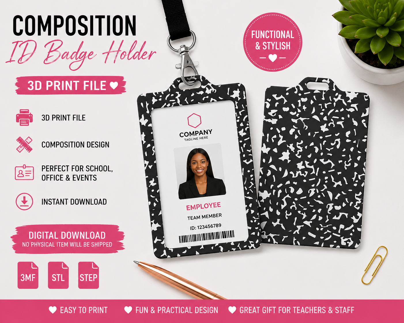 Composition Notebook ID Badge Holder – 3D Print Digital File