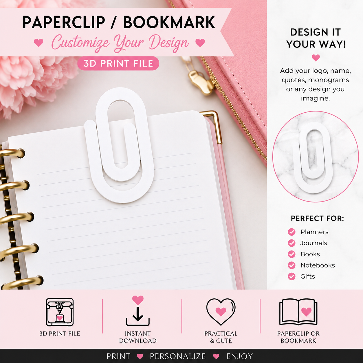 CUSTOMIZABLE PAPERCLIP / BOOKMARK – 3D PRINT FILE