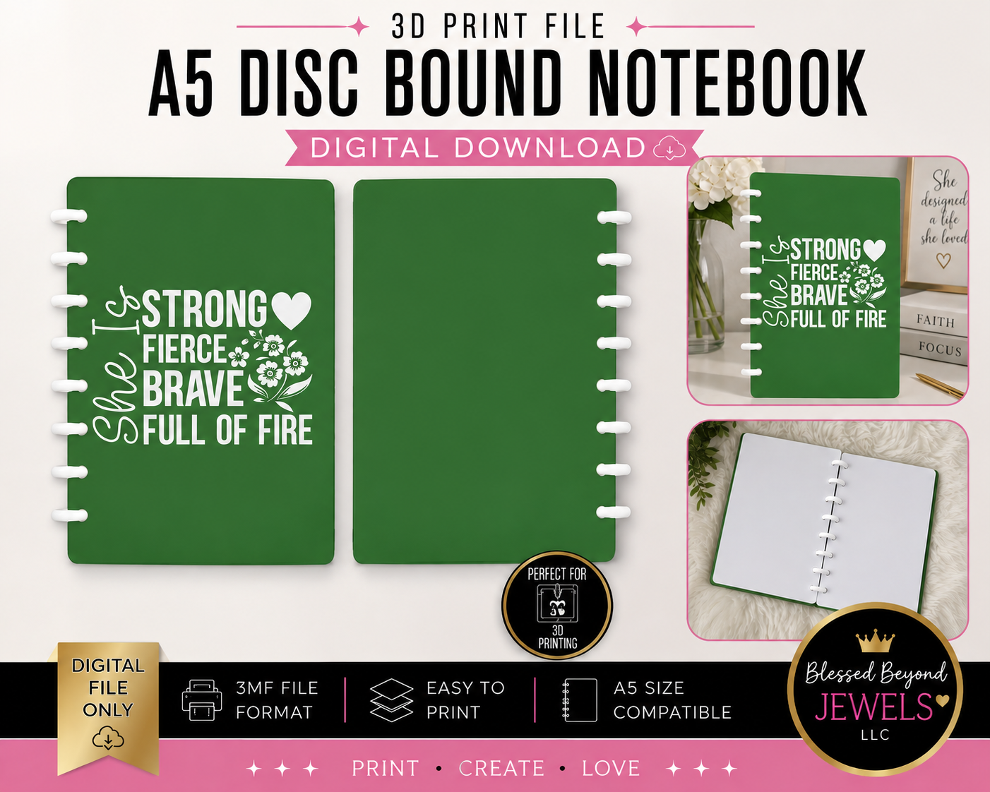 She Is Strong Fierce Brave Full of Fire A5 Disc Bound Notebook 3D Print File