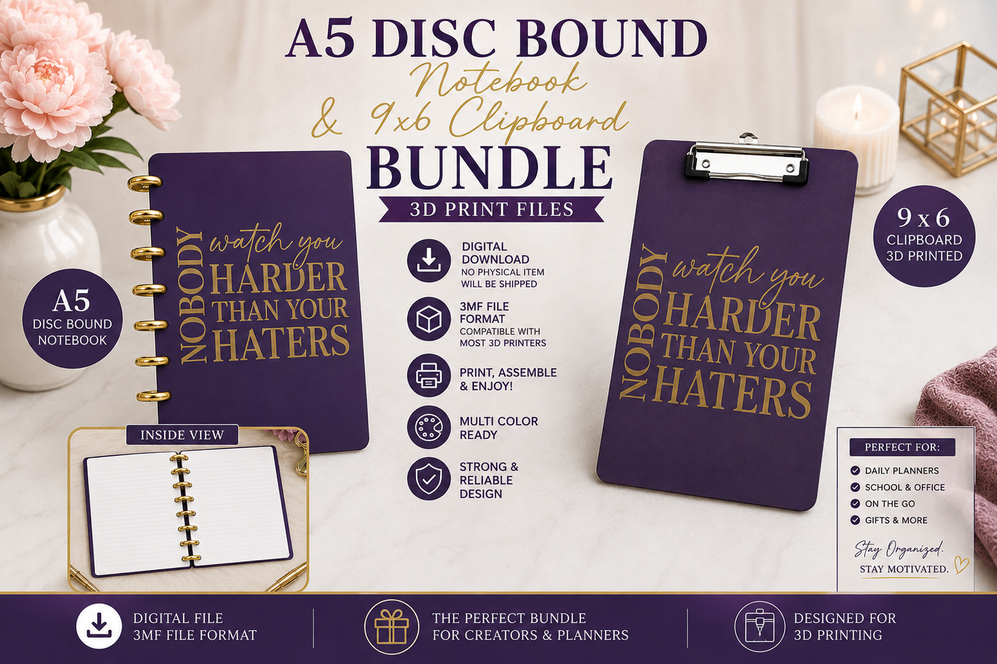 Nobody Watch You Harder Than Your Haters A5 Disc Bound Notebook & 9x6 Clipboard Bundle