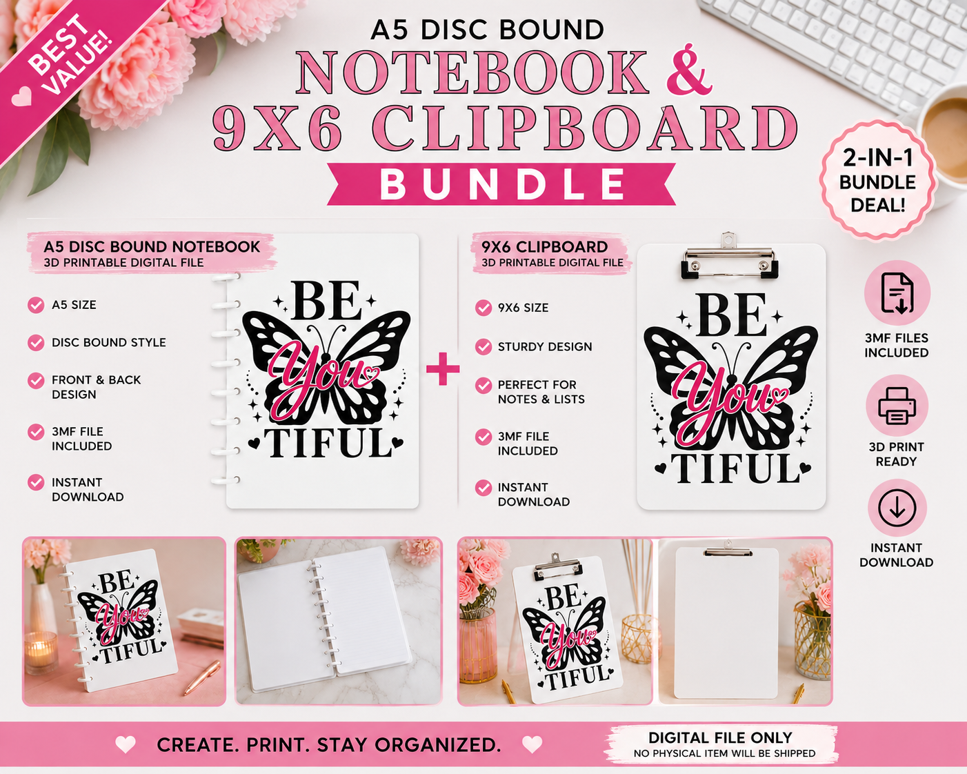 BE YOU TIFUL A5 NOTEBOOK + 9x6 CLIPBOARD BUNDLE | 3MF DIGITAL FILES