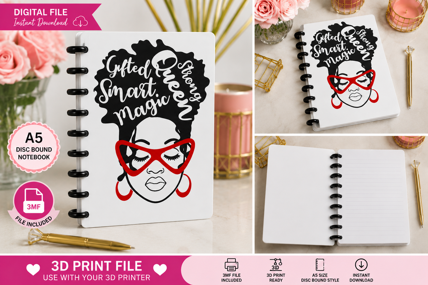 Strong Queen Affirmation Lady A5 Disc Bound Notebook 3D Print File