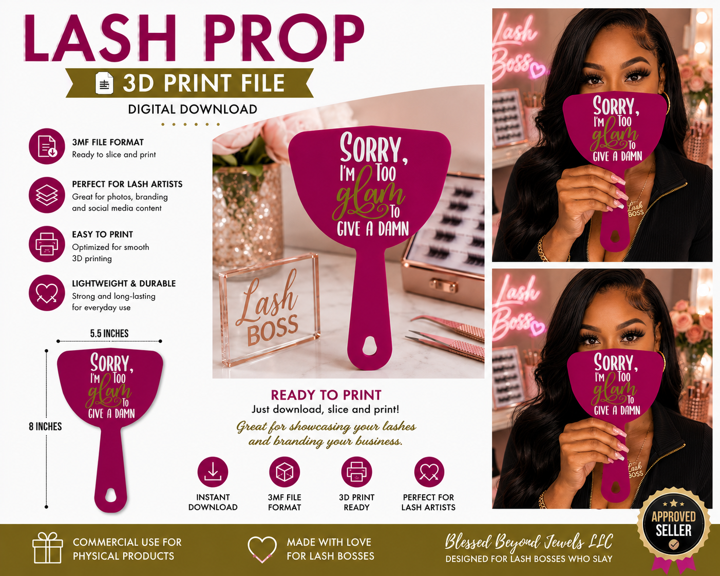 Sorry I'm Too Glam Lash Prop 3D Print File | Funny Lash Artist Photo Prop