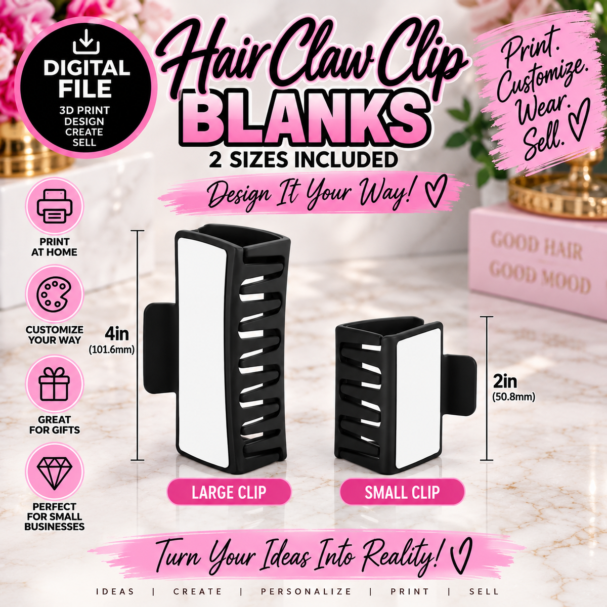 Hair Claw Clip Blanks 3D Print File | Large & Small Hair Clip Blank | Customizable Hair Accessory Digital File