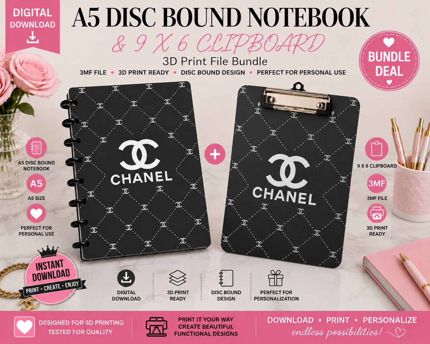 Luxury Designer-Inspired C1 A5 Disc Bound Notebook & 9 x 6 Clipboard Bundle β 3MF Digital Files