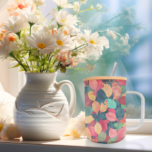 17oz Glass Coffee Mug Leaves A