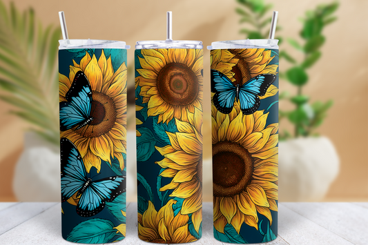 20oz Blue Butterflies and Sunflowers Tumbler