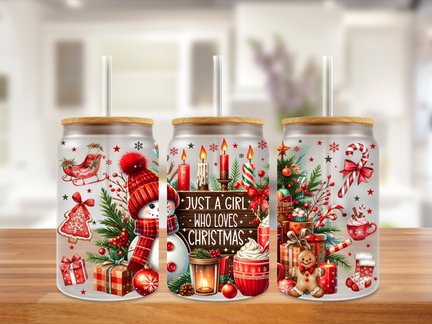 Just a Girl Who Loves Christmas” Holiday Glass Can