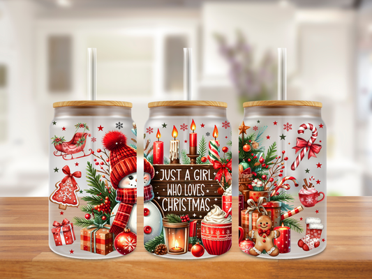Just a Girl Who Loves Christmas” Holiday Glass Can