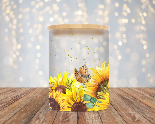 10oz Frosted Sunflower and Yellow Butterflies Candle/Candy Jar