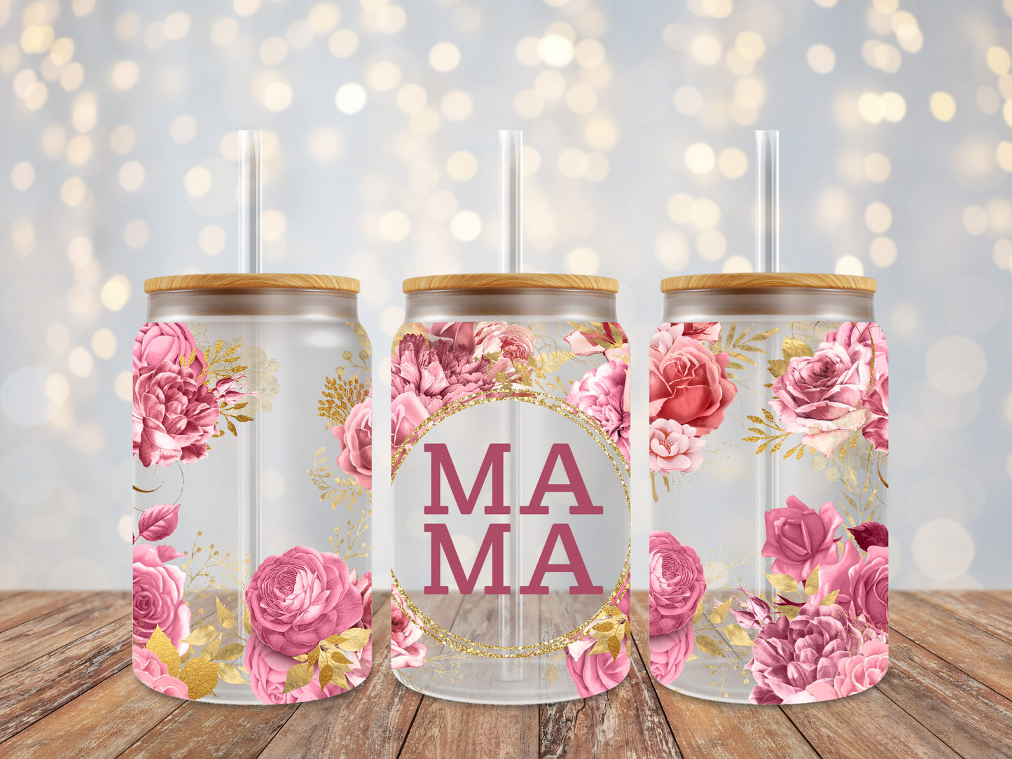 16oz Pink Flowers MAMA Frosted Glass Can