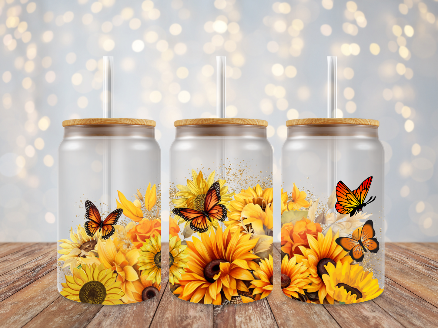 16oz Sunflower and Orange Butterflies Frosted Glass Can