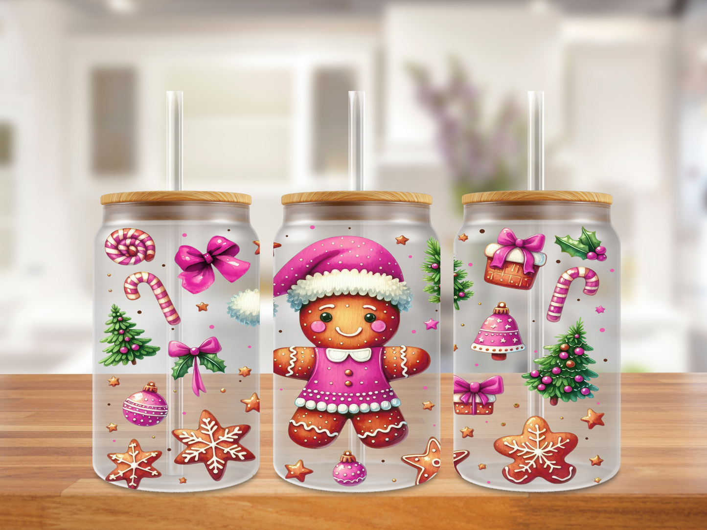 Pink Gingerbread Joy Glass Can