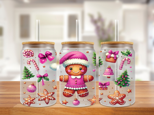 Pink Gingerbread Joy Glass Can