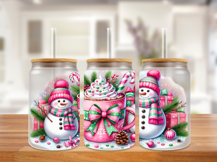Pink Frost Snowman Delight Glass Can