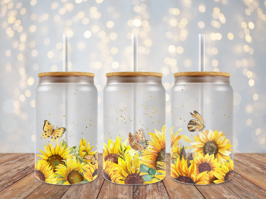 16oz Sunflower and Yellow Butterflies Frosted Glass Can