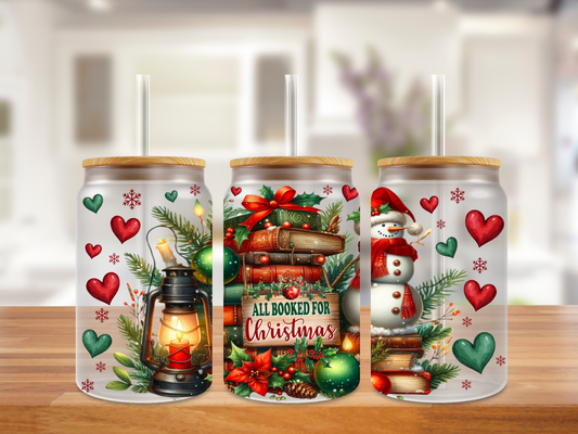 All Booked for Christmas Glass Can