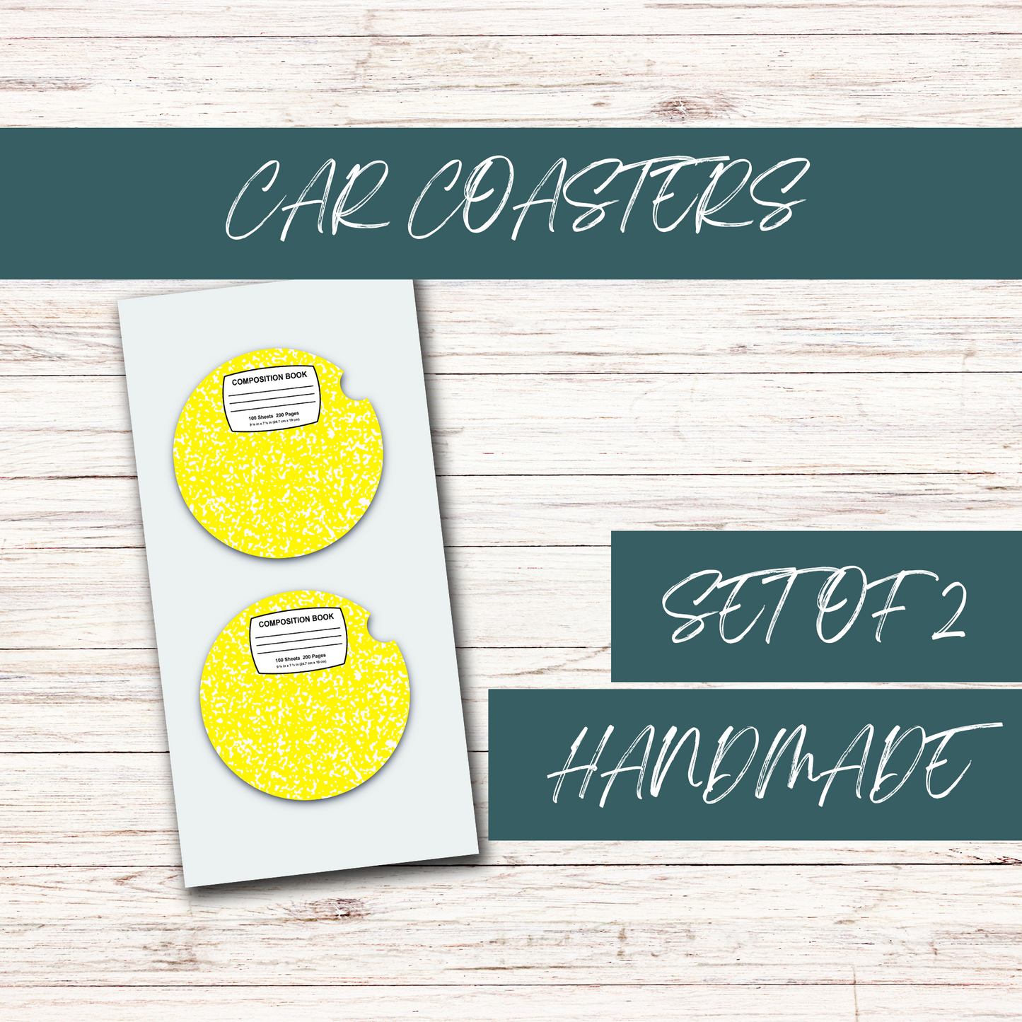 Yellow Composition Notebook Acrylic Car Coasters (2)