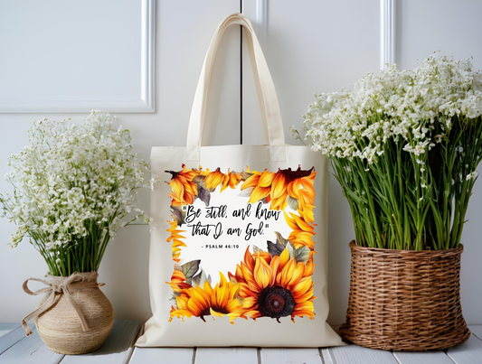 Be Still & Shine Sunflower Scripture Tote Bag