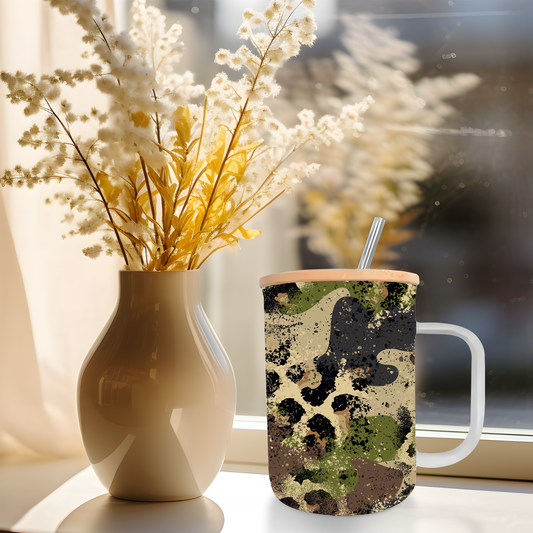 17oz Frosted Glass Coffee Mug Rustic Camo Leopard