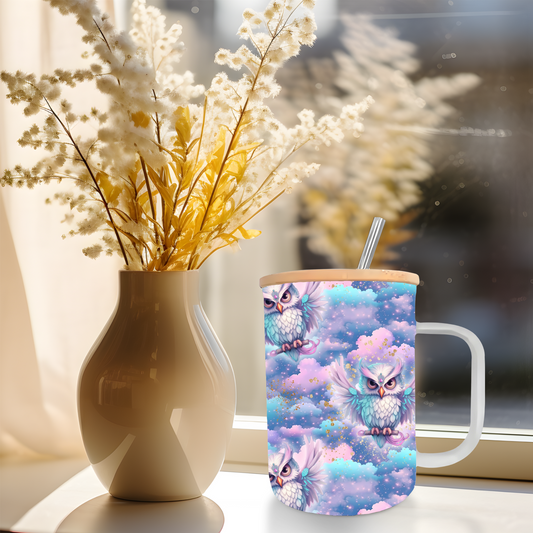 17oz Frosted Glass Coffee Mug Rainbow Owls in Clouds