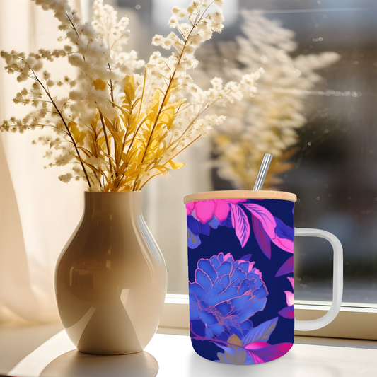 17oz Frosted Glass Coffee Mug Purple/Pink Flowers