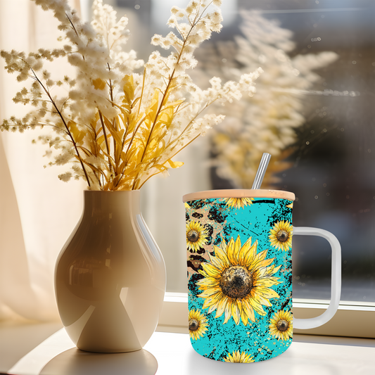 17oz Frosted Glass Coffee Mug Turquoise Sunflower Leopard