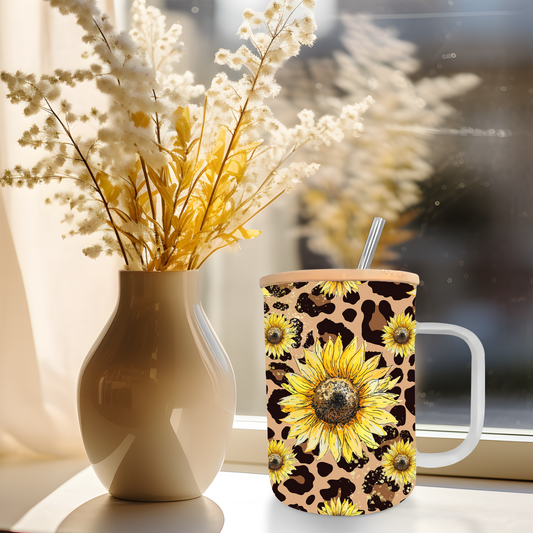 17oz Frosted Glass Coffee Mug Sunflower Leopard