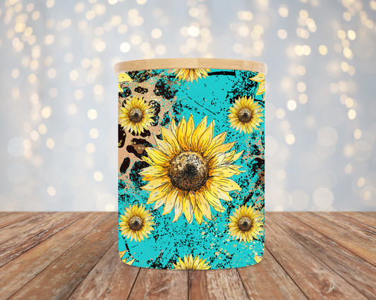 10oz Frosted Turquoise Sunflower Leopard Candle/Candy Jar