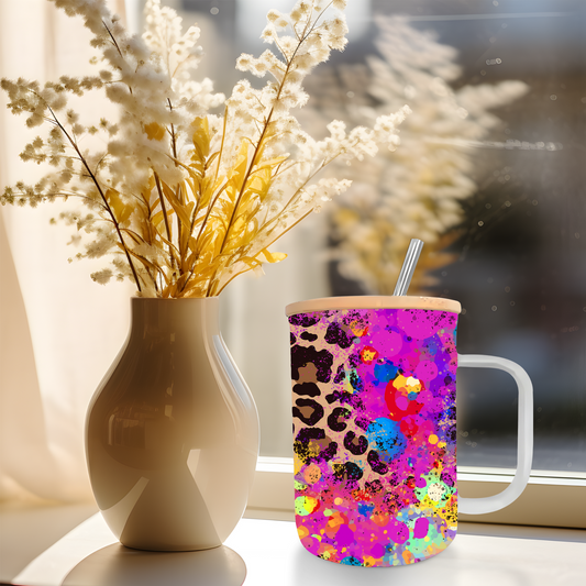 17oz Frosted Glass Coffee Mug Colorful Leopard