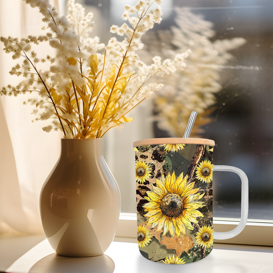 17oz Frosted Glass Coffee Mug Camo Leopard Sunflower