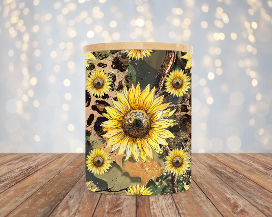 10oz Frosted Camo Leopard Sunflower Candle/Candy Jar