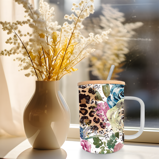 17oz Frosted Glass Coffee Mug Boho Leopard