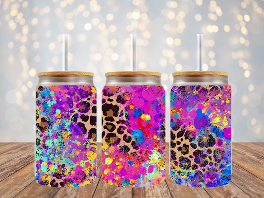 16oz Frosted Libbey Glass Can Colorful Leopard