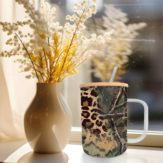 17oz Frosted Glass Coffee Mug Camo Leopard