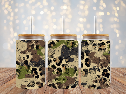 16oz Frosted Libbey Glass Can Rustic Camo Leopard