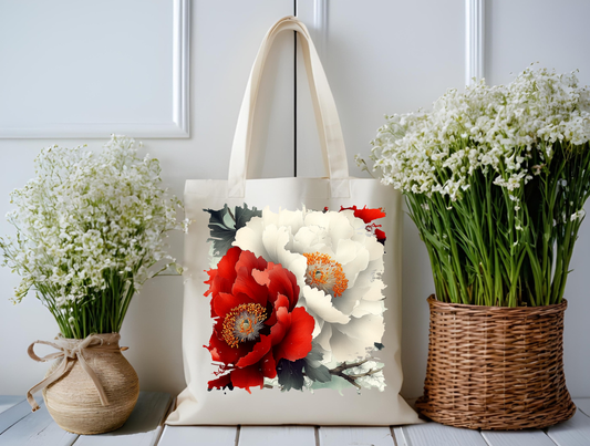 Crimson & Ivory Peony Grace Tote Bag