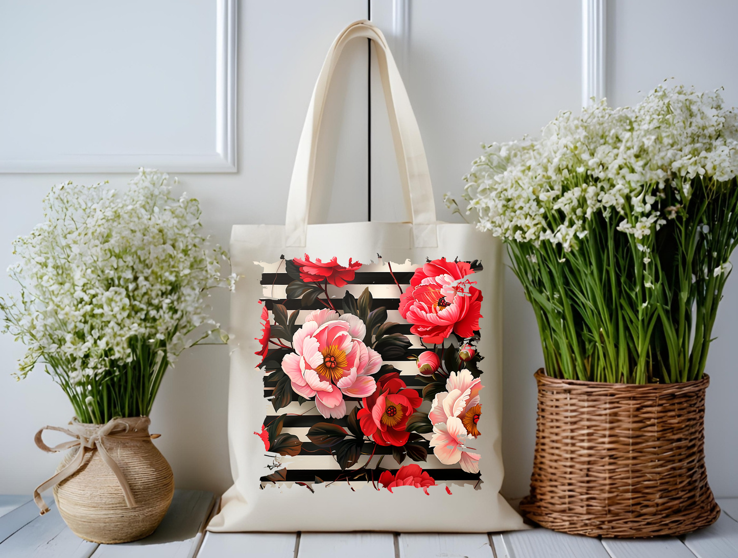 Crimson Garden Stripes Tote Bag