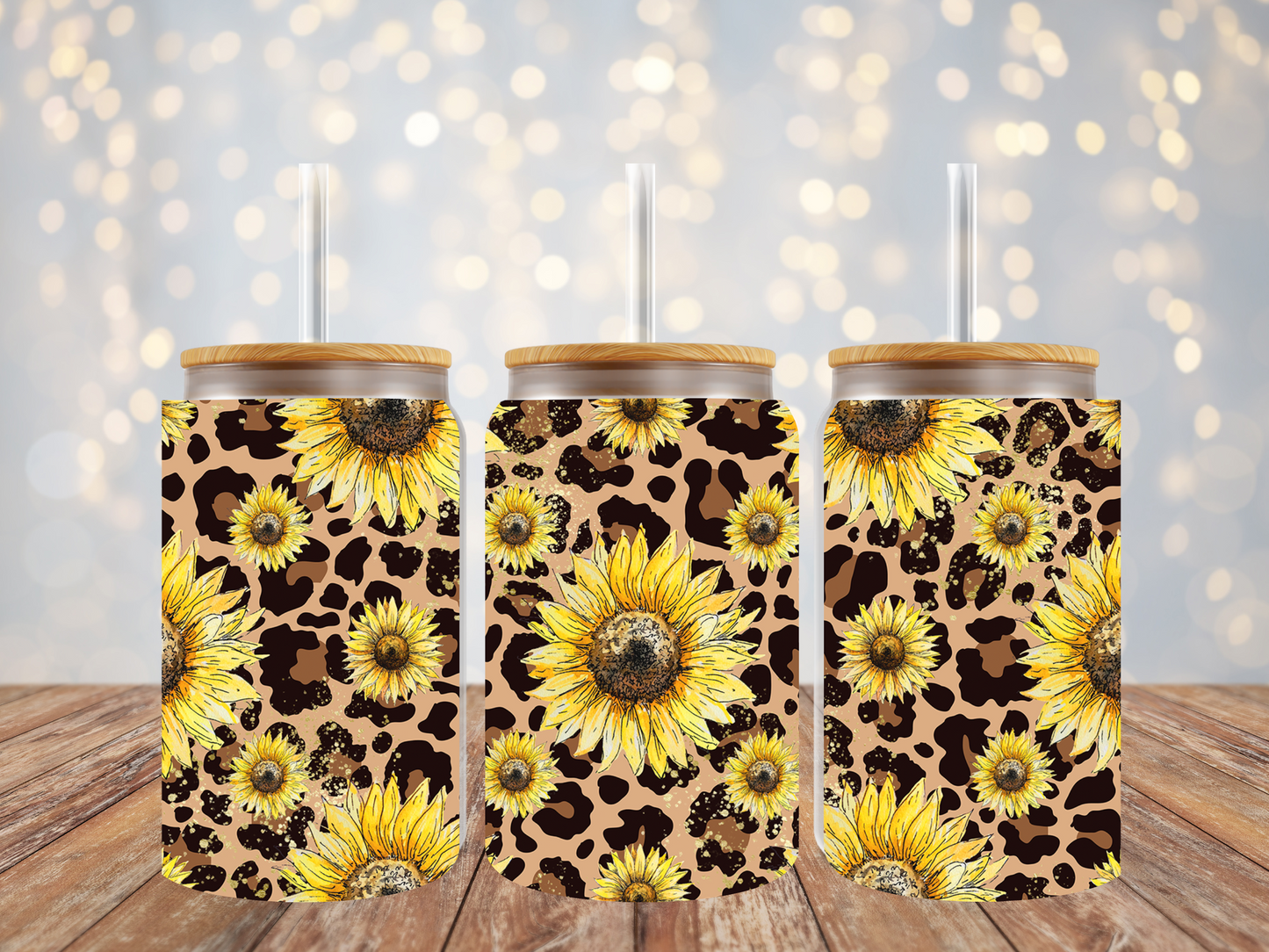 16oz Frosted Libbey Glass Can Sunflower Leopard