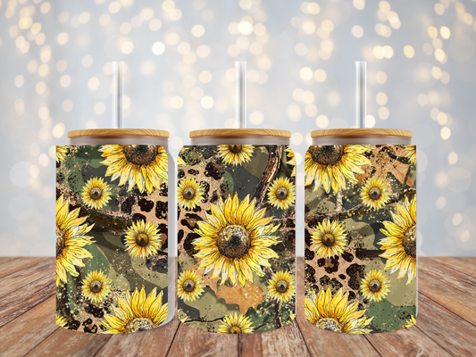 16oz Frosted Libbey Glass Can Camo Leopard Sunflower