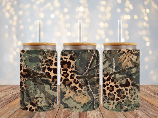 16oz Frosted Libbey Glass Can Camo Leopard