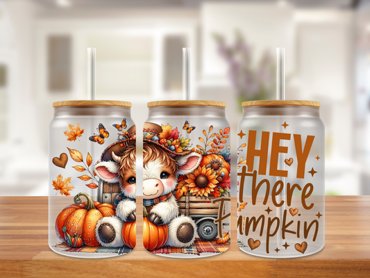 Hey There Pumpkin – Fall Cow Glass Can