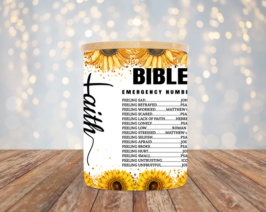 10oz Frosted Sunflower Faith Bible Numbers Candle/Candy Jar