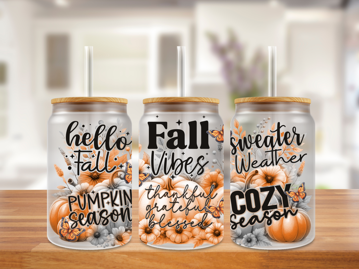 Autumn Harvest Seasonal Message Glass Can