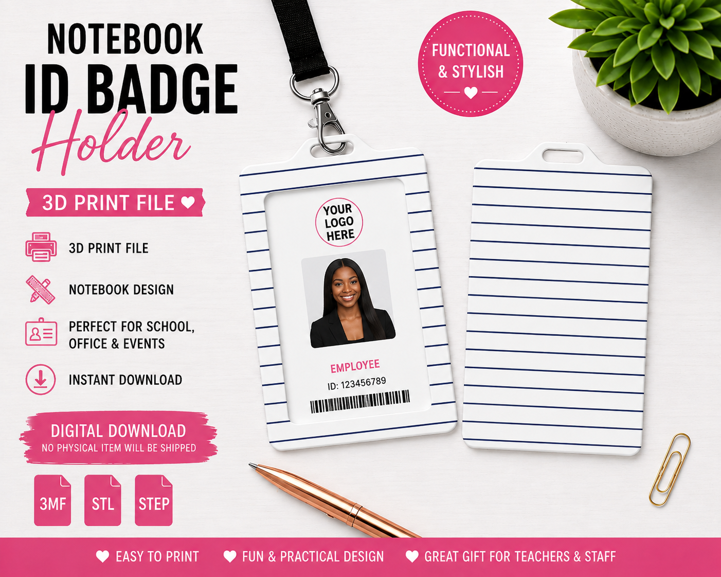 Notebook ID Badge Holder – 3D Print Digital File