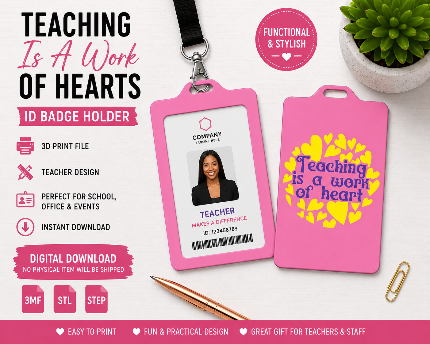Teaching Is a Work of Heart ID Badge Holder – 3D Print Digital File