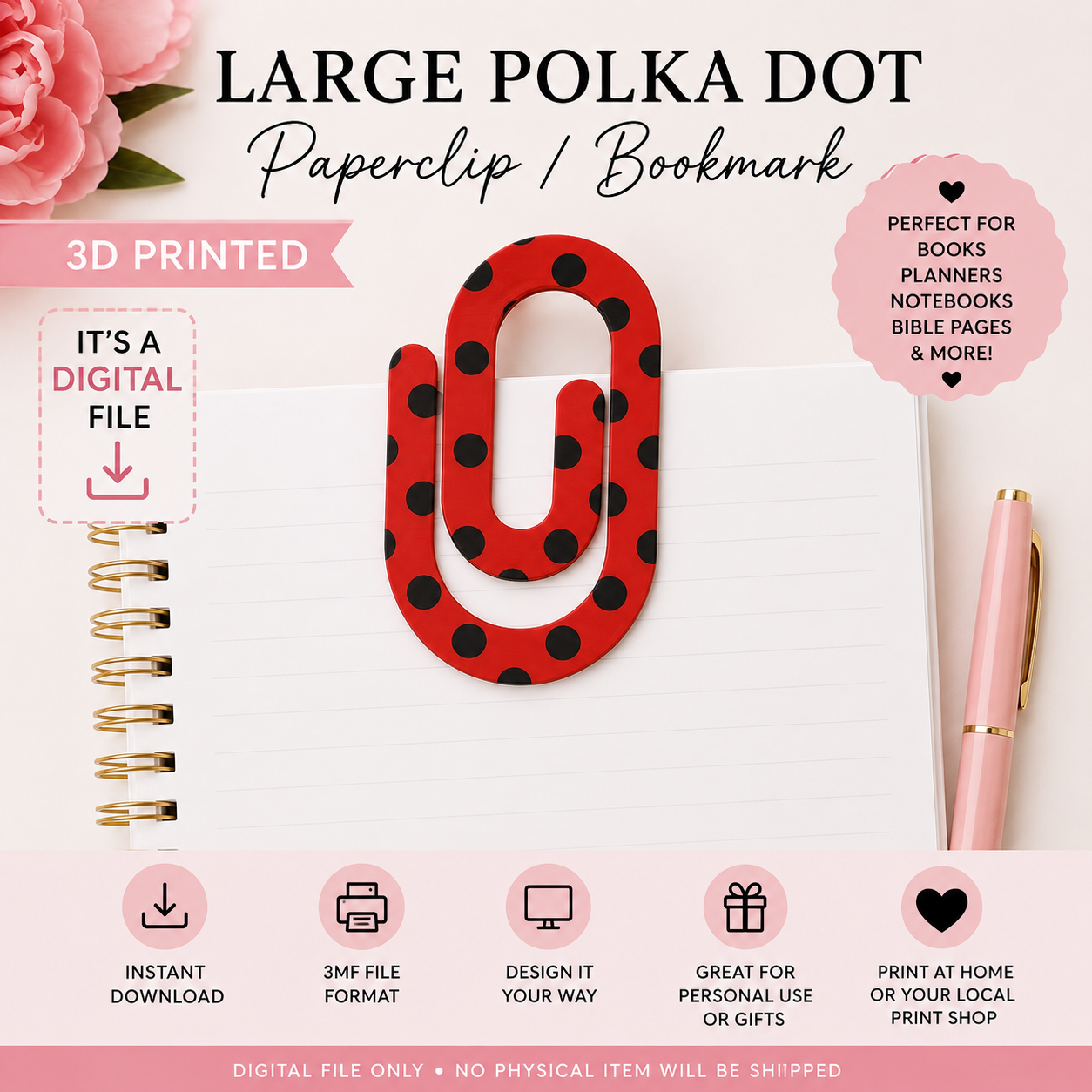 Large Polka Dot Paperclip / Bookmark – Digital 3D Print File