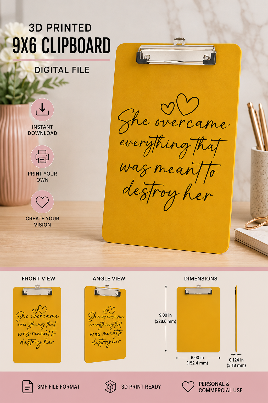 She Overcame 9x6 Clipboard 3D Print File