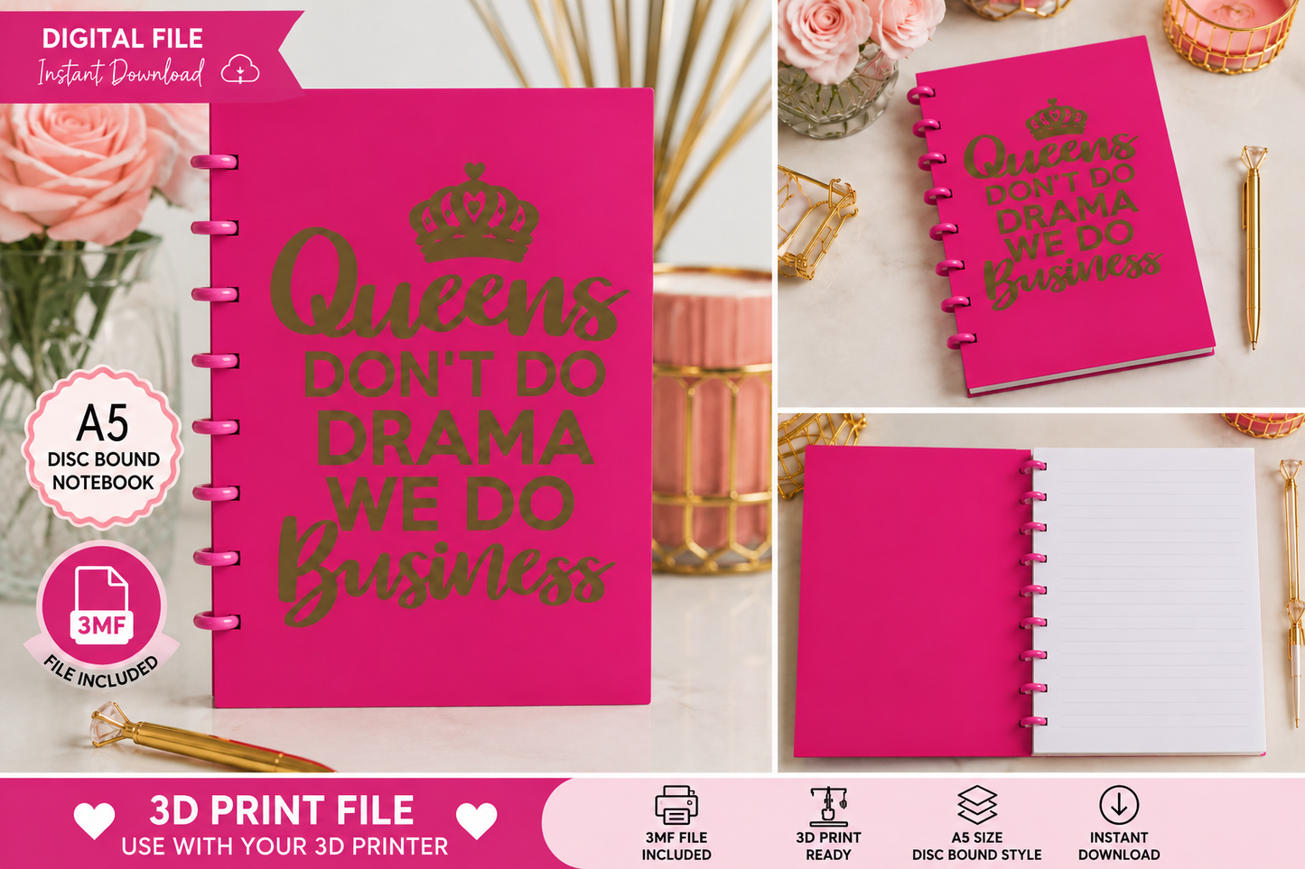 Queens Don't Do Drama, We Do Business A5 Disc Bound Notebook 3D Print File